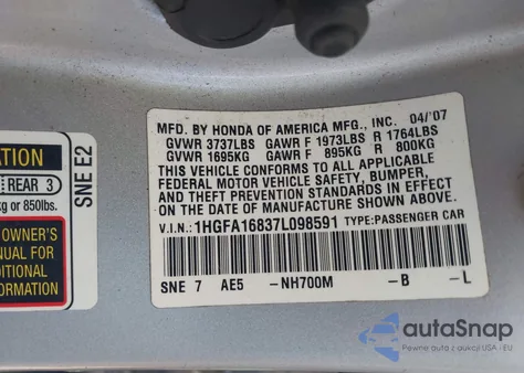 2007 Honda Civic Ex z USA, uszkodzony, nr VIN 1HGFA16837L098591